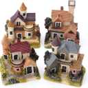 4-Piece Enchanted Fairy Garden Houses Set - Miniature Resin Tiny Homes with Hand-Painted Details for Bonsai/Terrarium/Mini Landscape Decor, Waterproof Outdoor Fairy House Accessories