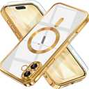 Misea Magnetic for iPhone 17 Case Compatible with MagSafe [Never Yellowing] [Military Grade Drop Protection] Full Camera Lens Protector Plating Soft Clear Phone Case for Women, Gold