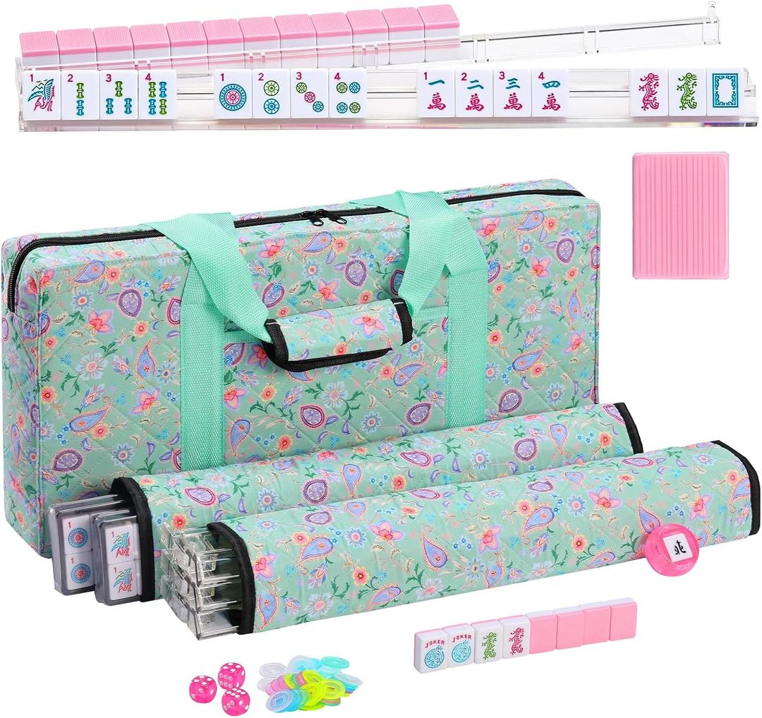 American Mahjong Set with166 Pink Tiles, Racks, Light Green Bag and Accessories, Mahjong Tile Set for Beginners