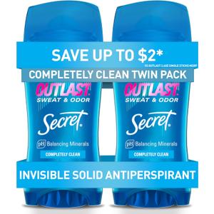 Secret Outlast Antiperspirant Deodorant for Women, 72hr Sweat & Odor Protection, PH Balancing Minerals, Invisible Solid, Completely Clean Scent, 2.6 oz (Pack of 2) (2.6 Ounce (Pack of 2))