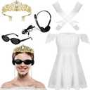 Tellingyou 5 Pcs Halloween Princess Costume Women Outfits white Dress Crown Headphone Sunglasses Gloves for Cosplay Party