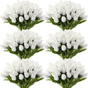 Janinka 60pcs Artificial Tulip Flowers Fake PU Tulips Faux Latex Bouquet Flower Centerpieces Arrangement Floral for Mother Day Wedding Spring Decorations (White)