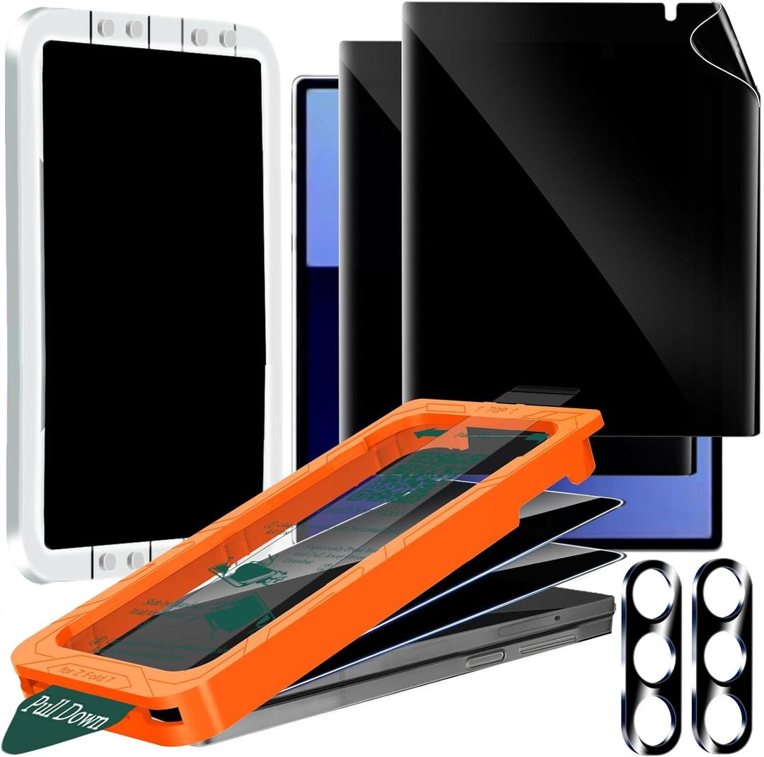 IMBZBK [Auto-Dust Removal] 2 Pack Privacy Screen Protector for Samsung Galaxy Z Fold 7, 2 Inside Anti-Spy Film + 2 Front Tempered Glass + 2 Camera Lens Protector Accessories with Installation Frame