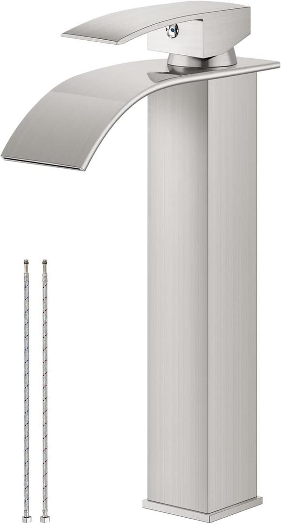 Airuida Vessel Sink Faucet Brushed Nickel, Tall Waterfall Bathroom Single Handle Single Hole, Deck Mount Mixer Tap with Large Rectangular Vessel Faucet Lavatory Vanity (Tall Faucet:11.8-inch)