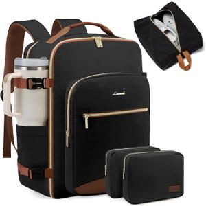 LOVEVOOK 40L Large Travel Backpack for Women Men, 17 Inch Carry on Backpack for Traveling on Airplane, Personal Item Bag Airline Approved, Business Causal Weekender Backpack, Black-Brown, 40l-17.3 Inch-4pcs
