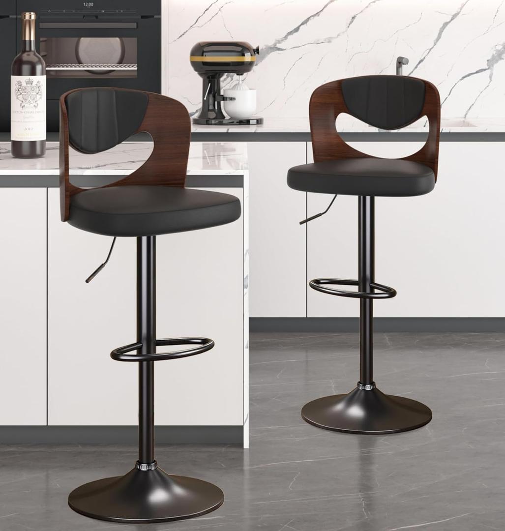 VECELO Bar Stools Set of 2,Kitchen Island Stools with Bentwood Back, Arm & Footrest, Counter Height Stools PU Leather Adjustable Height, Swivel Bar Chairs for Club Pub Dining Room, Black