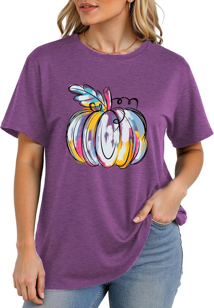 Women's Halloween Tops, Pumpkin Head Graphic Tees with Subtle Ghost Accents for Spooky Season Casual Wear (Purple, XL)