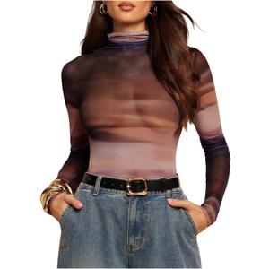 SweatyRocks Women's Tie Dye Sheer Mesh Bodysuit Turtle Neck Long Sleeve Going Out Leotard Tops, Medium