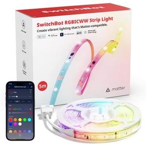 SwitchBot LED Strip Light 5M, 72 LEDs/m, Matter LED Lights Compatible with Apple Home, Alexa, Google Home, 16 Million Colors, Music Sync, DIY Color Changing LED Lights for Bedroom, Party, TV (RGBICWW)