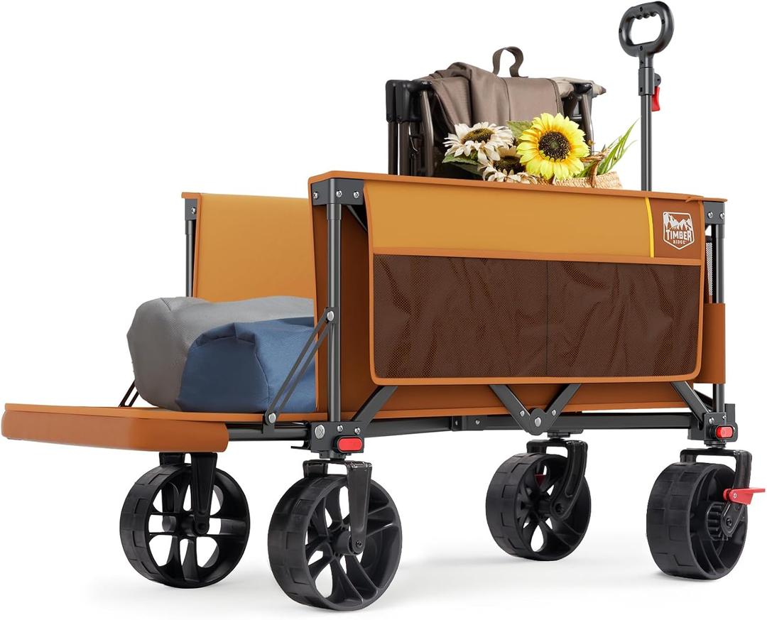 TIMBER RIDGE 47" L Collapsible Wagon with Tailgate & Brake, 300lbs Heavy Duty Beach Wagon with All-Terrain Big Wheels, 250L Foldable Utility Cart for Sand Camping Sports Shopping, Orange