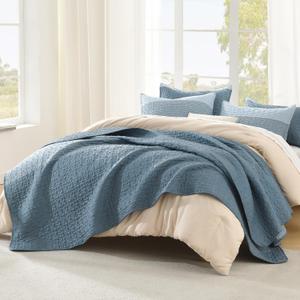 Litanika Quilt Queen Size Blue Linen, Stripe Patchwork Summer Bedspread Coverlet 3 Pieces, Soft Lightweight Microfiber Quilted Bedding Set for All Season(1 Quilt, 2 Pillowcases) (Queen(96*90in))