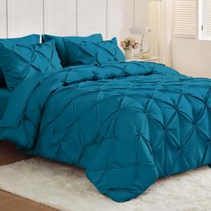 JOLLYVOGUE King Size Comforter Set 7 Pieces - Bed in a Bag King for All Season, Pintuck Bedding Comforter Sets with Comforter, Flat Sheet, Fitted Sheet and Pillowcases & Shams, Teal