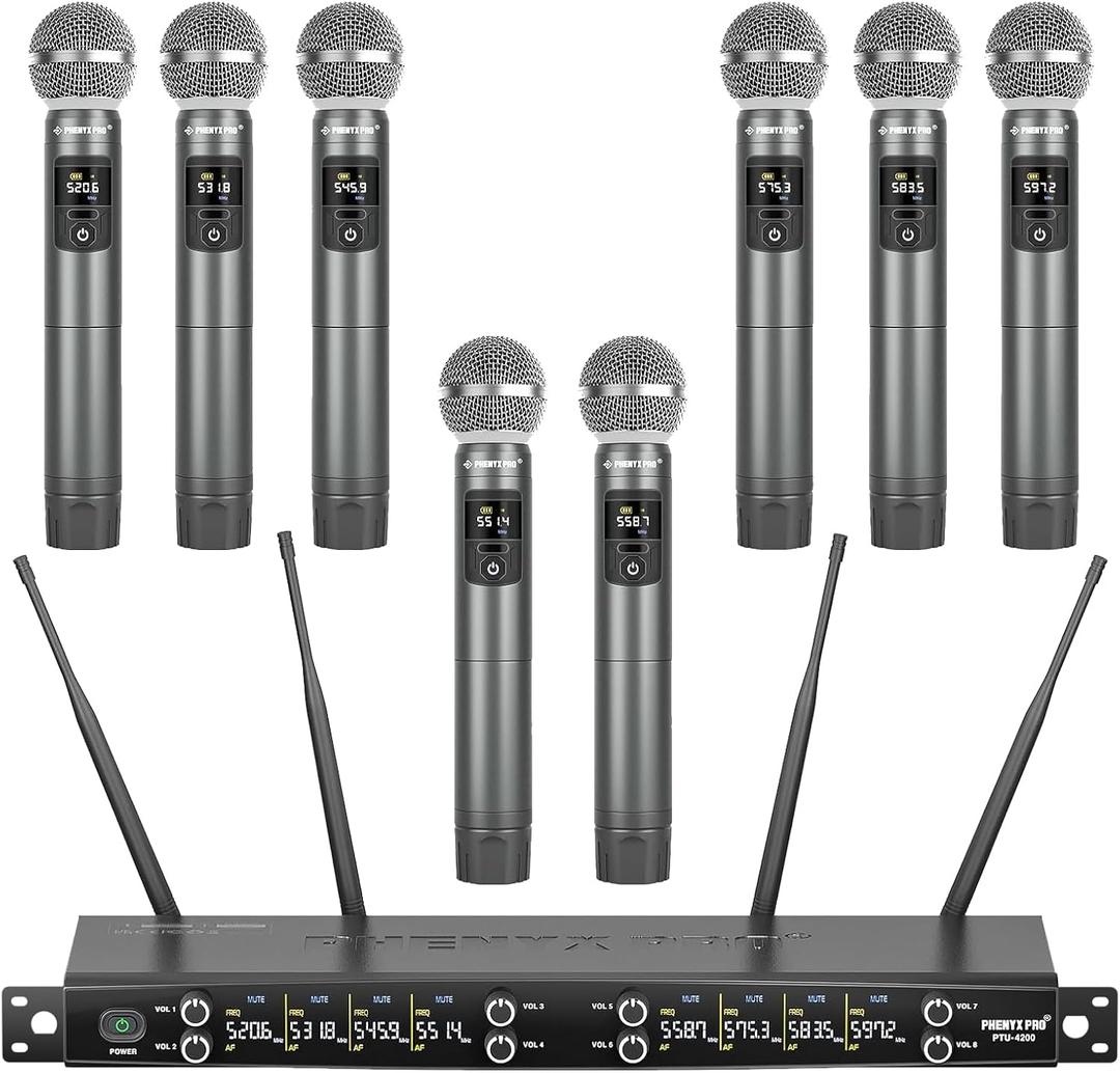 Phenyx Pro Wireless Microphone System, 8-Channel Metal Wireless Mic Set w/ 8 Cordless Mics, 8x20 UHF Frequencies, 200ft Range, Dynamic Microphones for Singing, Karaoke, Church, DJ (PTU-4200-8H)