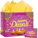 Happy Diwali Gift Bags Diwali Party Supplies Festival of Lights Favors Gift Bags with Wrapping Paper and Card Large Indian Diwali Wrapping Paper Bag Pink Candlelight Goodie Bags Deepavali Decoration
