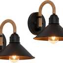 2 Pack Indoor Wall Light Fixture Black, Outdoor Wall Sconce Light with Hemp Rope, Industrial Vintage Wall Lamp for Bedroom, Living Room, Hallway, Covered Porch, E26 Socket, Hardwired