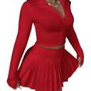 SOLY HUX Women's Skirt Sets 2 Piece Outfits Long Sleeve Crop Top with Pleated Mini Skirt Set Activewear Party Outfits for Women Plain Red X-Large
