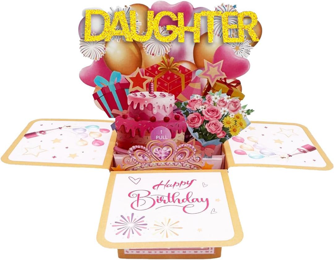 Birthday Card for Daughter, 3D Pop Up Pink Exploding Box with Cake, Flowers & Pull-Tab Note, Unique Handmade Gift for Teenage Girls, Kids (With Envelope)