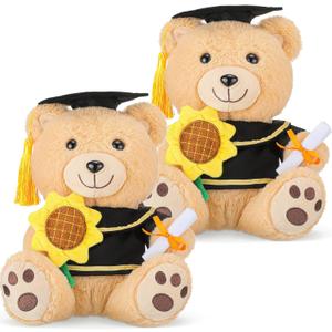 HyDren 2 Pack 10 Inch Graduation Stuffed Bear Animal, Class of 2025 Plush Bear Stuffed Animal with Graduation Cap and Sunflower Diploma for Kindergarten High School College Students Gifts (Beige)