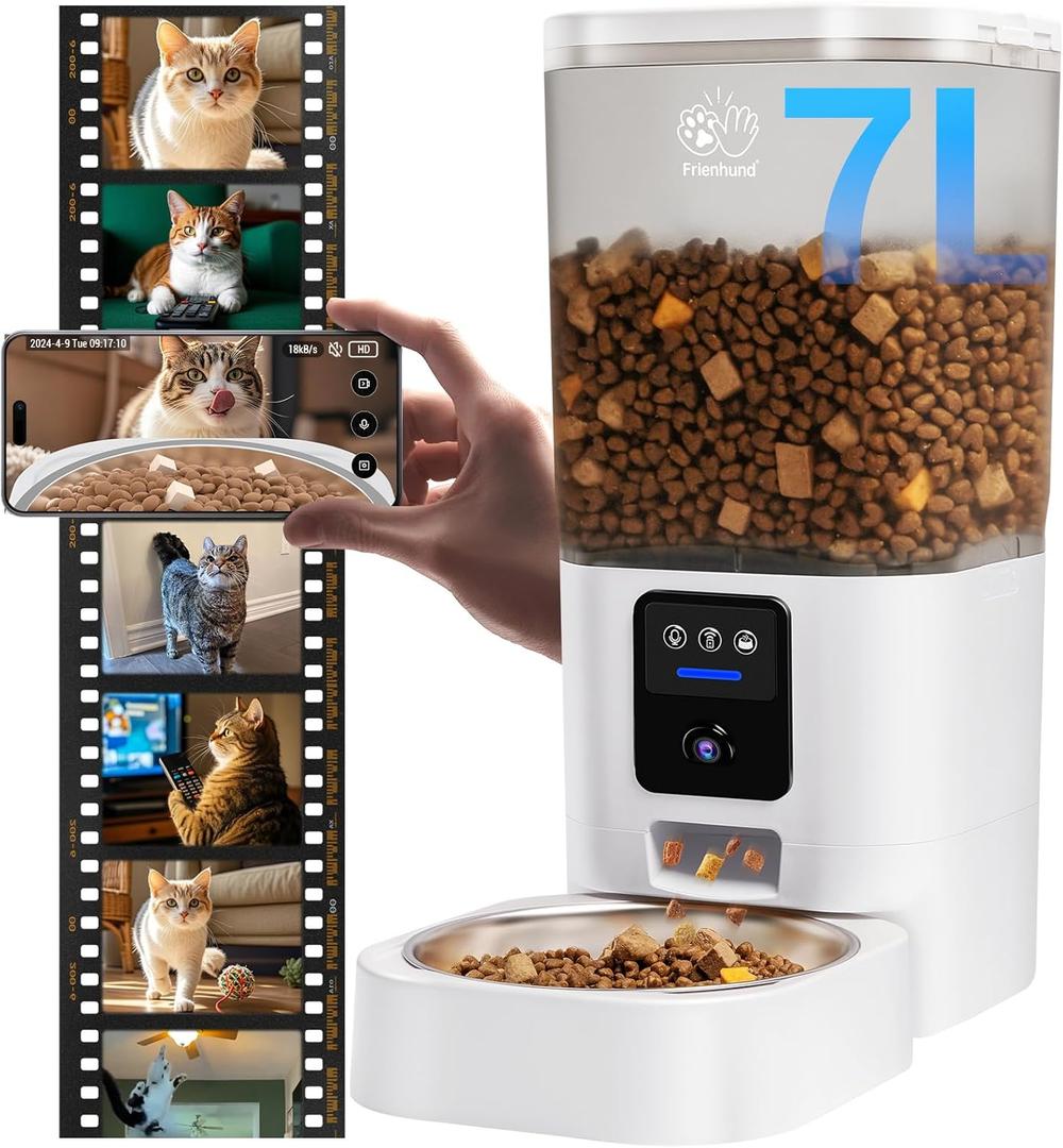 Frienhund Automatic Cat Feeder with 2K Camera: 5G WiFi Automatic Dog Feeder with Night Vision,Cat Food Dispenser with 7L Large Food Storage Container for Multiple Pet,Detachable for Easy Clean -29 Cup (White-1)