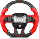 Carbon Fiber Steering Wheel for Dodge Challenger for Charger 2015-2024, Red Perforated Leather & Stitching Steering Wheel with Flat-Bottom D-Shaped Design Fits for SXT/GT/RT/SRT/for Hellcat, Red