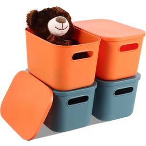Hoolerry 8 Pieces Colorful Storage Bins with Lid, Plastic Storage Basket Organizing Container Stackable Box with Handle for Shelves Desktop Playroom Office(10.2 x 7 x 6.3 Inch,Blue and Orange)