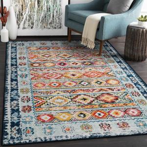 Wonnitar Boho 3x5 Washable Area Rug, Colorful Non-Slip Entry Rug, Moroccan Trellis Small Living Room Mat, Vintage Kitchen Low Pile Floor Carpet for Mud Room Bathroom Office (Blue/Multi,3'x5')