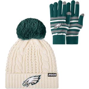 FOCO NFL unisex-adult Nfl Team Logo Adult Stretch Gloves With White Pom Cable Winter Knit Hat Beanie Set (One Size)