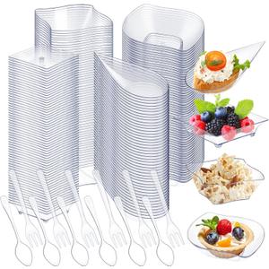Tessco 800 Pcs Mini Appetizer Plates Set Including 400 Disposable Dessert Plates Assorted Shape 200 Mini Plastic Forks 200 Plastic Spoons for Party(Clear,Classic)