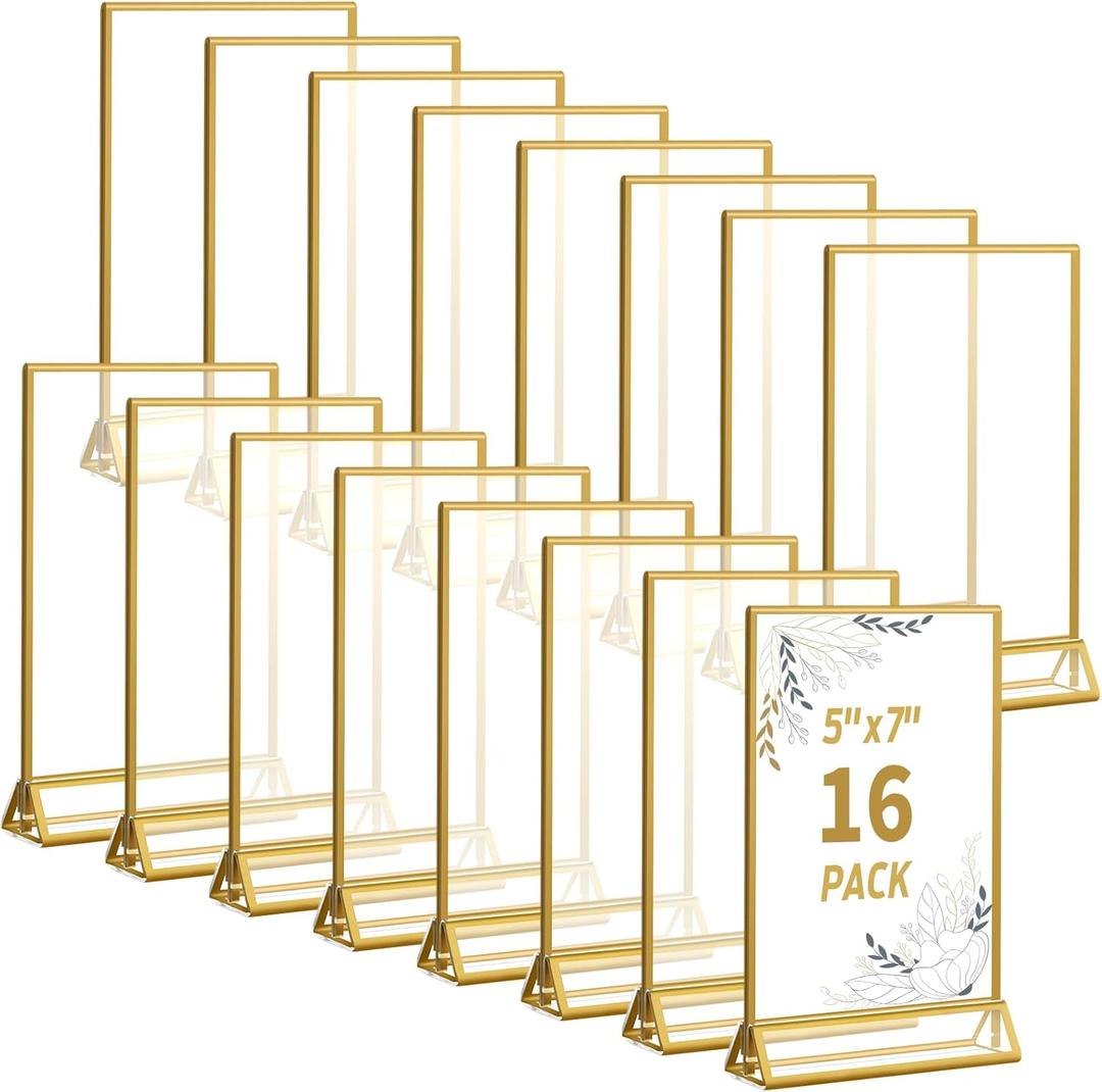 Smarpau 5X7 Gold Acrylic Sign Holder,16 Pack Double Sided Display Stand,Flyer Holder with Gold Borders,Clear Vertical Picture Frames Sign Table Menu Display Stand For Home,Office,Wedding,Party