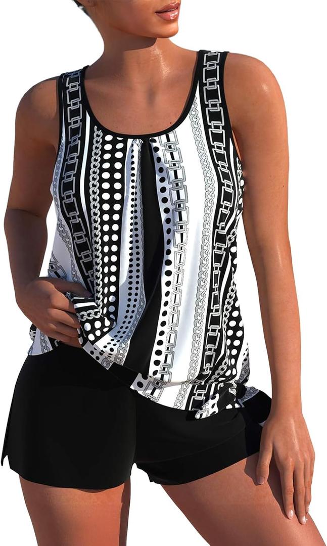 ROSEWE Modest Tankini Swimsuits for Women, Two Piece Athletic Womens Bathing Suits Blouson Tank Tops with Board Shorts (Large, Black Printed)