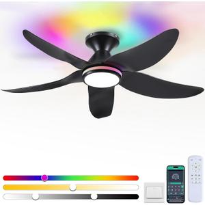 46" Ceiling Fans with Lights Remote/APP Control, Low Profile Ceiling Fans with Dimmable White Colors+Ring RGB Lights, 6 Speeds 5 Reversible Curved Blades for Kids Room Bedroom Living Room Bar, Black