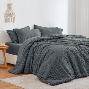 Love's cabin Seersucker Charcoal Grey King Size Comforter Set 7 Pieces, King Bed in a Bag, All Season Bedding Set with Comforter, Flat Sheet, Fitted Sheet, Pillowcase and Pillow Sham (King (102"X90"))