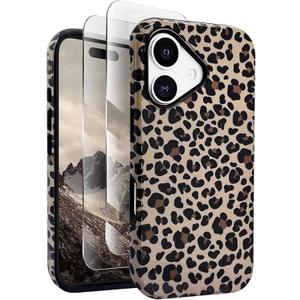 J.west Compatible with iPhone 17 Case 6.3 inch with 2 Pack Tempered Glass Screen Protectors Cute Animal Leopard Hybrid Cover for Girls Women Aesthetic Protective Phone Cases Cheetah