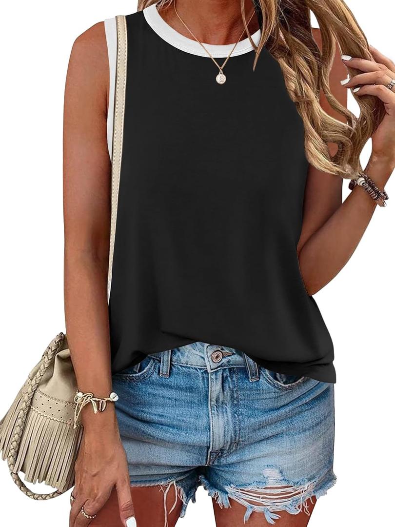 ANRABESS Tank Tops for Women 2025 Summer Casual Crew Neck Color Block Basic Sleeveless T Shirt Fashion Teen Girls Outfits (Black, S)