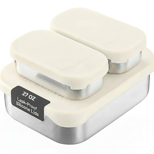 Modaniam Stainless Steel Lunch Box Containers, 27 OZ, Stainless Steel Bento Box, Metal Lunch Box, Sandwich & Snack Containers, Leak Proof SIlicone Lids, Korean Style,Small Vanilla