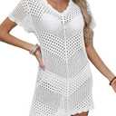 KLWCJFFF Women Swimsuit Summer Short Sleeve Crochet Knit Bathing Suit Beach Cover Up Hollow Out Sexy See Through Dress, S