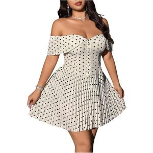 Floerns Women's Plus Size Polka Dots Off The Shoulder Dress Button Pleated A Line Party Dresses, XXL