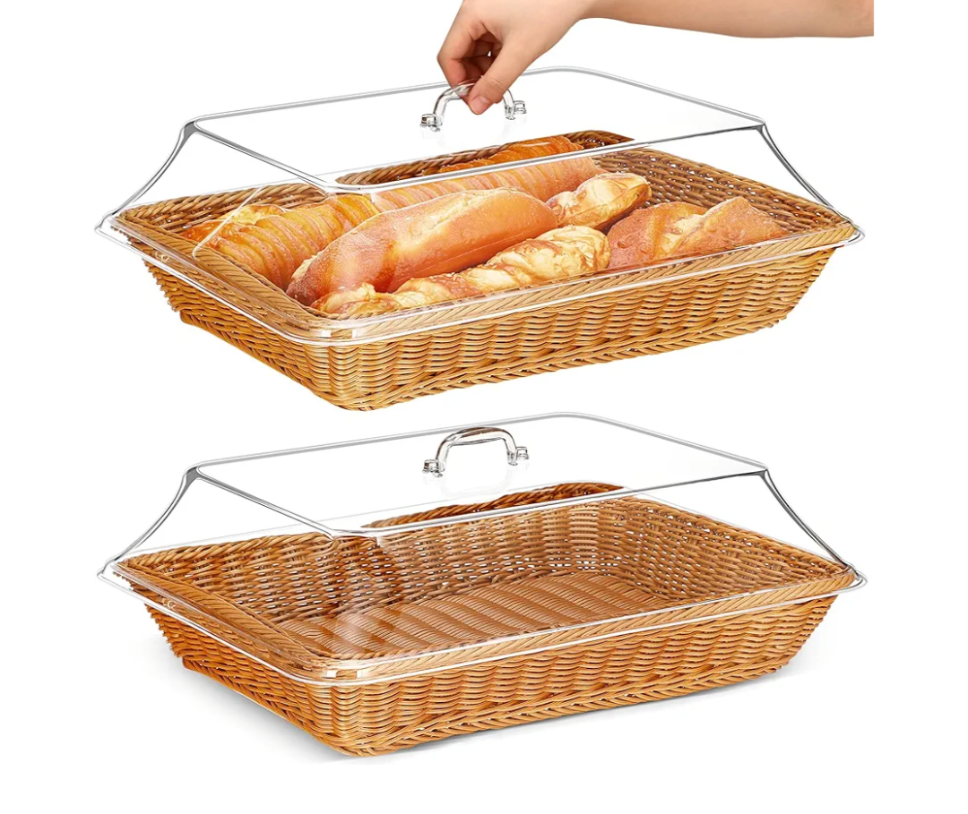 Mumufy 2 Pack Wicker Large Bread Basket for Serving with Acrylic Lid Woven Rectangular Imitation Rattan Fruit Basket with Cover Food Vegetable Display Tabletop Restaurant Kitchen(17.72x13.78'')