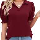 Micoson Womens Short Sleeve Polo T Shirts V Neck Casual Collared Tops Puff Sleeve Work Tunic Blouses (Medium, Burgundy)