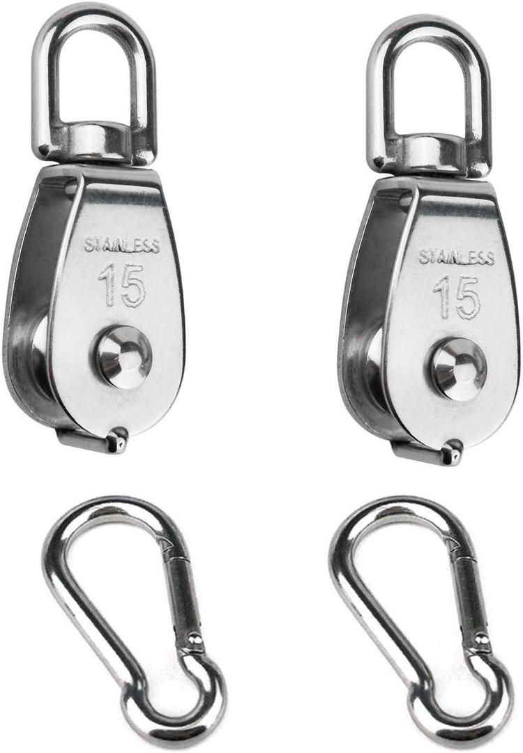 2Pcs 304 Stainless Steel M15 Single Pulley Block, Wire Rope Hanging Wire Towing Wheel, with 2Pcs Spring Snap Hook
