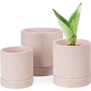 LaDoVita 3 Pack Ceramic Plant Pots 6/5/4 inch, Flowerpot for Indoor Plants with Drainage Holes and Tray, Outdoor Garden Planters, Modern Decorative for Home, Pink Vertical Stripes