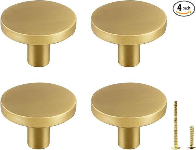 Yiking 4 Pack Solid Brass Door Handles, Round Matte Gold Kitchen Cabinet Knobs 100% Solid Brass1.1-inch(28mm) Diameter for Dresser Drawer Pulls Desk Cupboard Brushed Gold Cabinet Knobs