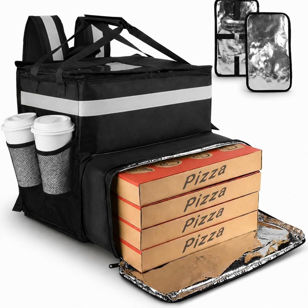 Bodaon Food Delivery Backpack with 2 Base Plates, Expandable Dual-Layer Insulated Pizza Delivery Bag with Cup Holders, Waterproof Lining and Reflective Strip for Bike Couriers, DoorDash Uber Eats