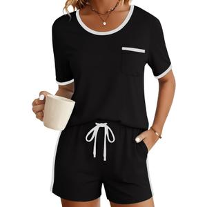 PATPAT Pajama Set for Women Viscose from Bamboo 2 Piece Soft Lounge Set Short Sleeve Tops and Shorts Sleepwear, XL (Black)