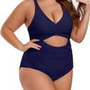 Plus Size One Piece Swimsuit for Women Tummy Control Bathing Suit Cutout High Waisted Tie Back 1 Piece Swim Suit (Large, Deep Blue)