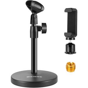 BILIONE 3 in 1 Multi Function Desktop Microphone Stand, Adjustable Table Mic Stand with Microphone Clip, Cell Phone Clip, 5/8" Male to 3/8" Female Metal Adapter (Classic Edition)