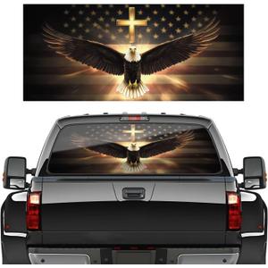 American Eagle Truck Rear Window Decals, American Flag Truck Back Window Graphic Decal Christian Cross Perforated Vinyl, 66"x20" Pickup Sticker Automotive Decals