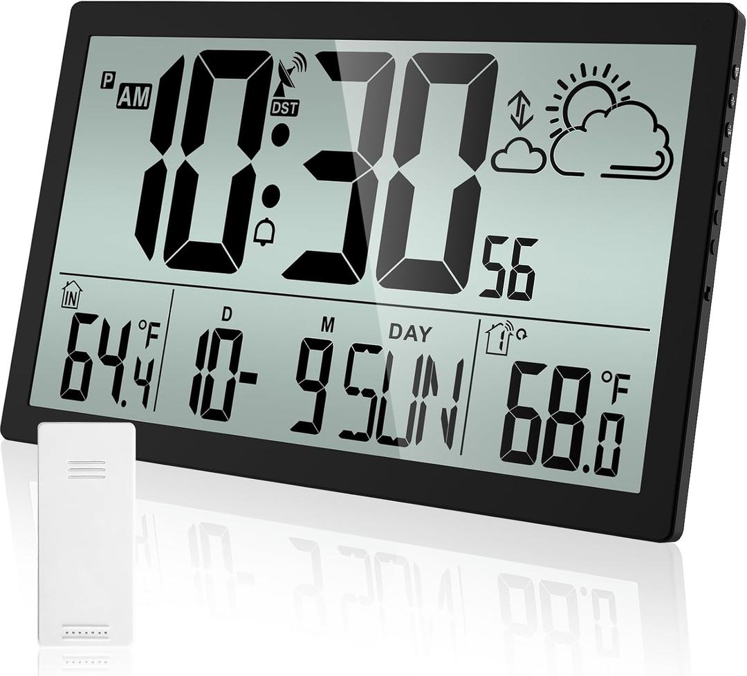 Weather Clock with Atomic Clock Indoor Outdoor Thermometer, 14.6" Large Atomic Wall Clock Battery Operated, Never Needs Setting! Wireless Outdoor Sensor, Auto DST, Wall Clock for Office/Home/School