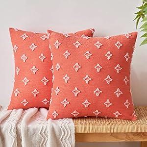 EMEMA Decorative Throw Pillow Covers Rhombic Jacquard Pillowcase Cushion Case Squarefor Couch Sofa Bed Living Room Bedroom Set of 2, 18x18 Inch, Coral Red