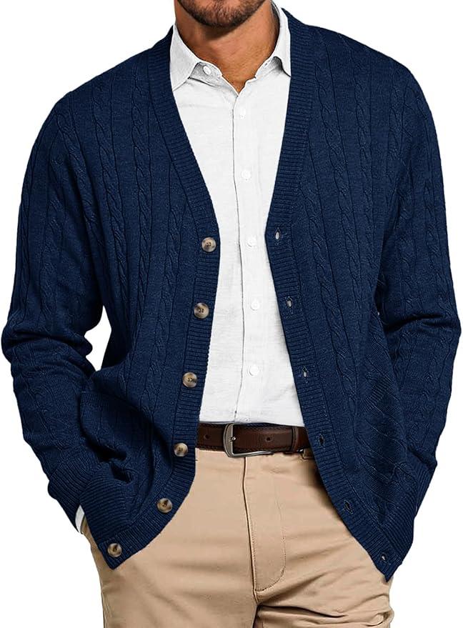 Runcati Mens Cardigan Sweater V Neck Button Down Sweaters Long Sleeve Lightweight Fall Knit Outwear with Pockets Size XL